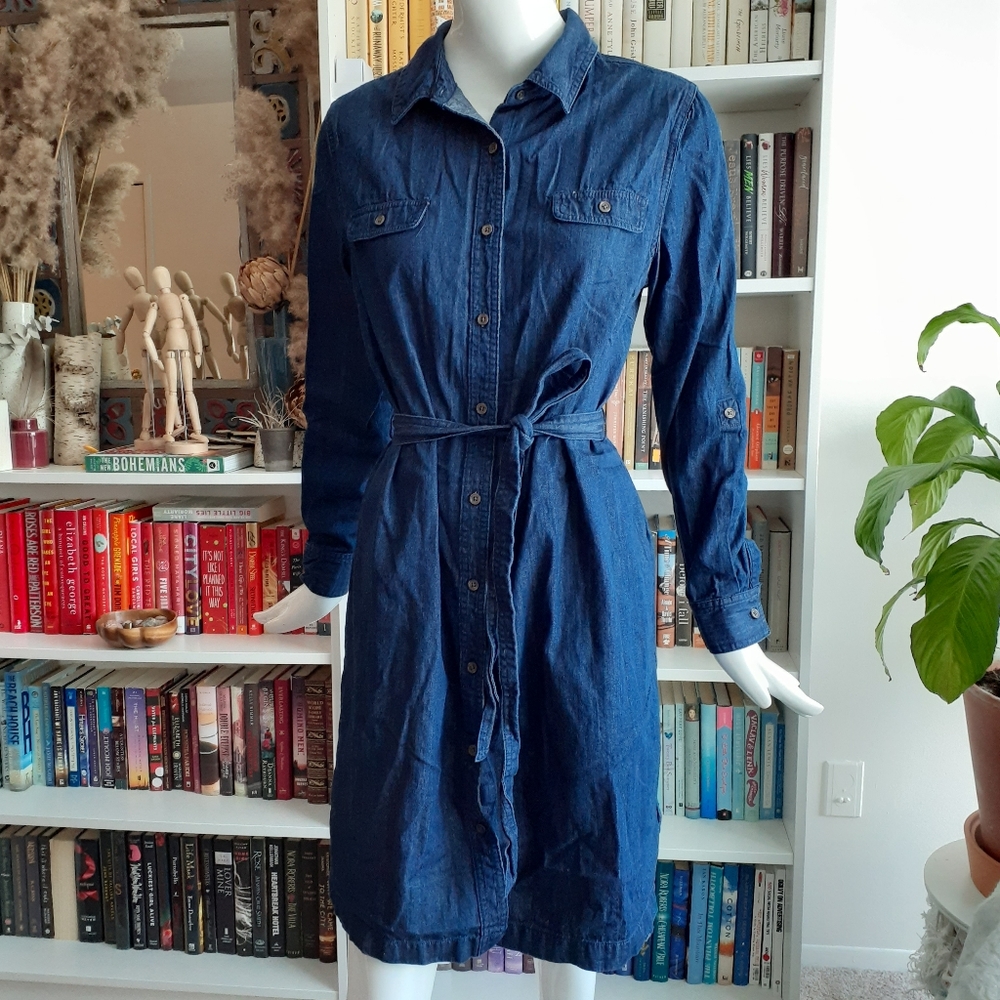 Laura Scott Blue Denim Belted Button Up Shirt